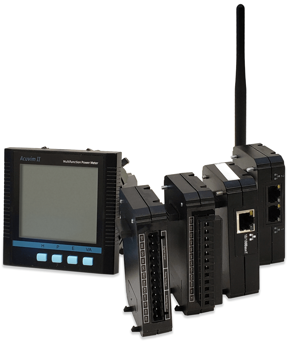 Una foto del medidor (Riel DIN o Panel) junto a los módulos de comunicación opcionales (Ethernet, Wi-Fi, etc.).